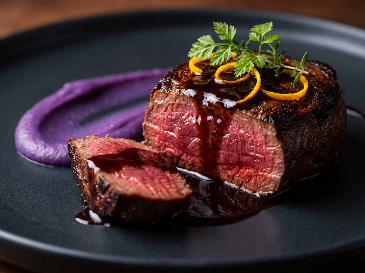 Carne de Avestruz ao Molho de Vinho do Porto com Purê de Batata-Roxa