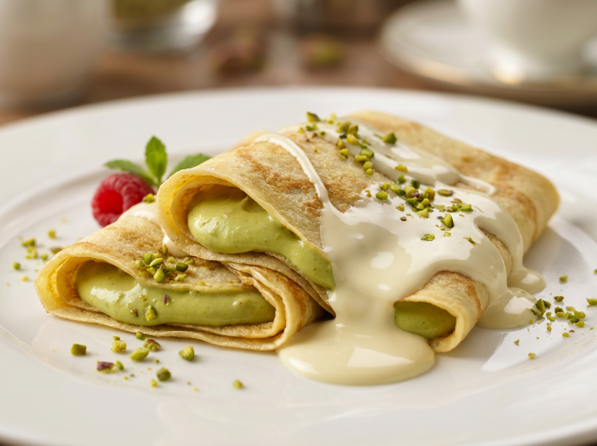 Crepe de Pistache com Calda de Chocolate Branco
