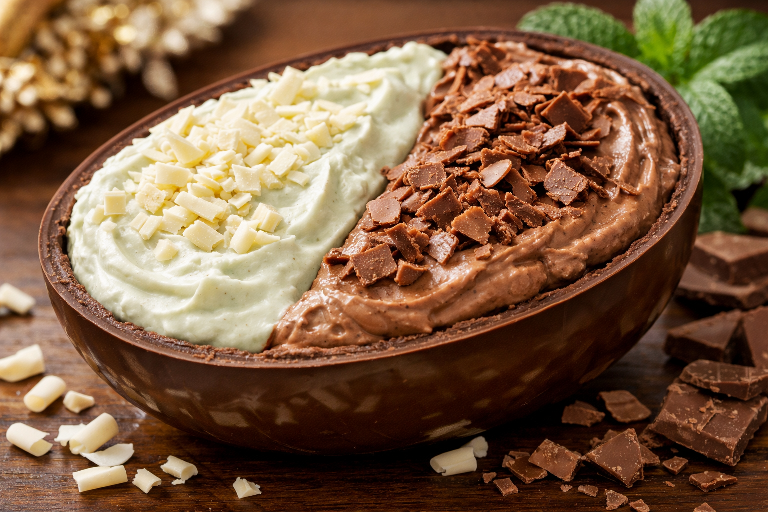 Ovo de Páscoa 1kg com Dois Recheios de Mousse de Chocolate com Menta
