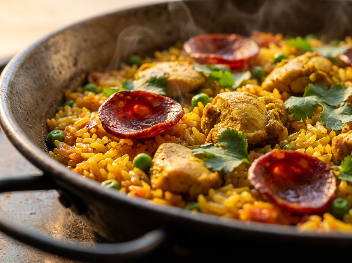 Paella Fusion de Frango com Curry e Chorizo