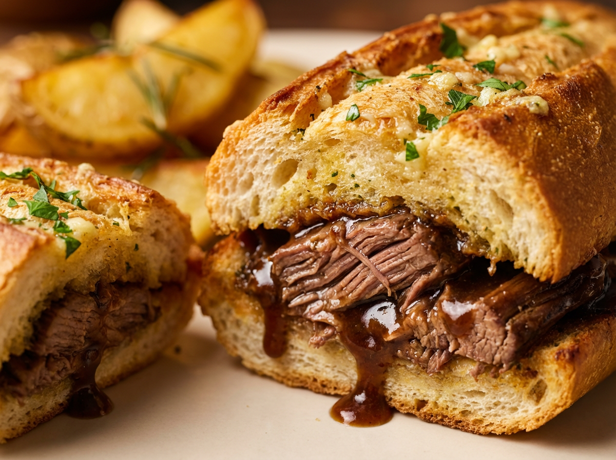 Pão de Alho com Carne ao Molho Madeira e Batata Corada