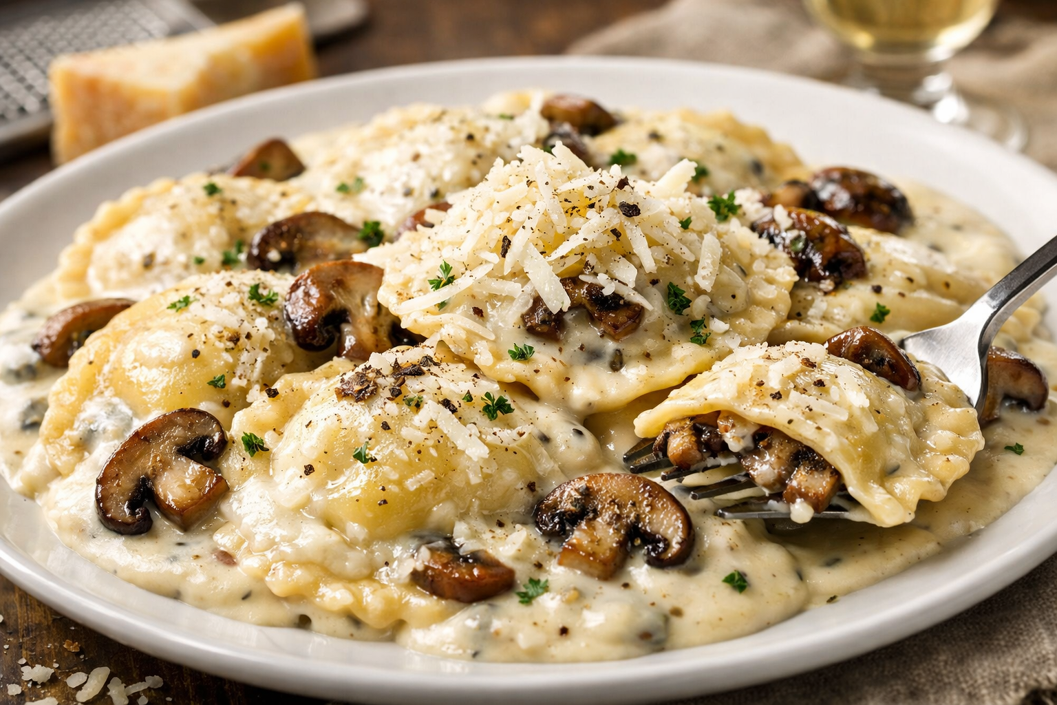 Ravioli de cogumelos com molho branco e grana padano