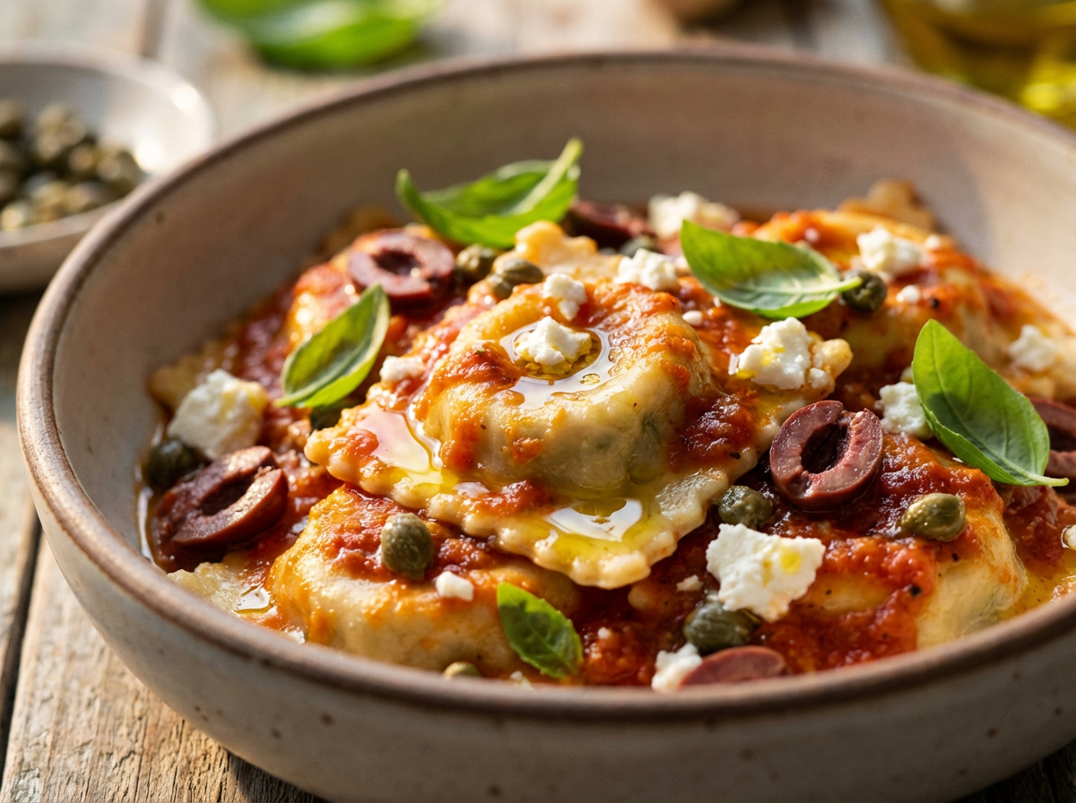 Ravioli de Ricota e Espinafre com Molho de Tomate, Azeitonas, Alcaparras e Feta