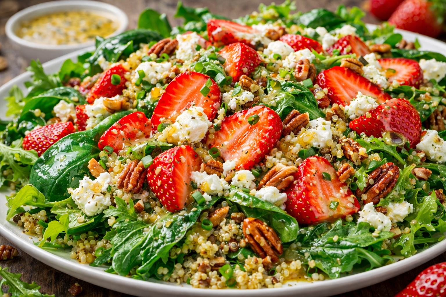 Salada de Espinafre, Morango, Quinoa e Queijo de Cabra com Vinagrete de Mel e Mostarda