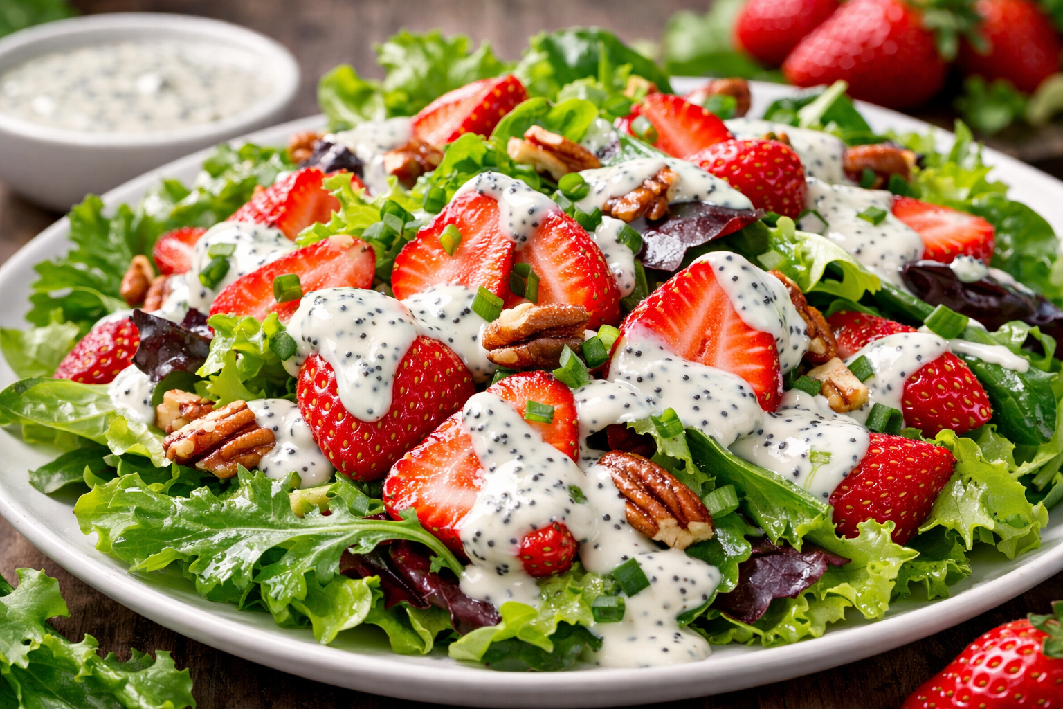 Salada de Folhas Verdes, Morangos e Molho Cremoso de Semente de Papoula com Pecan