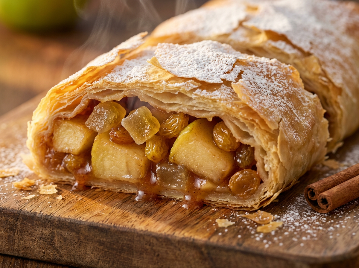 Strudel de maçã com rum, passas douradas e gengibre cristalizado